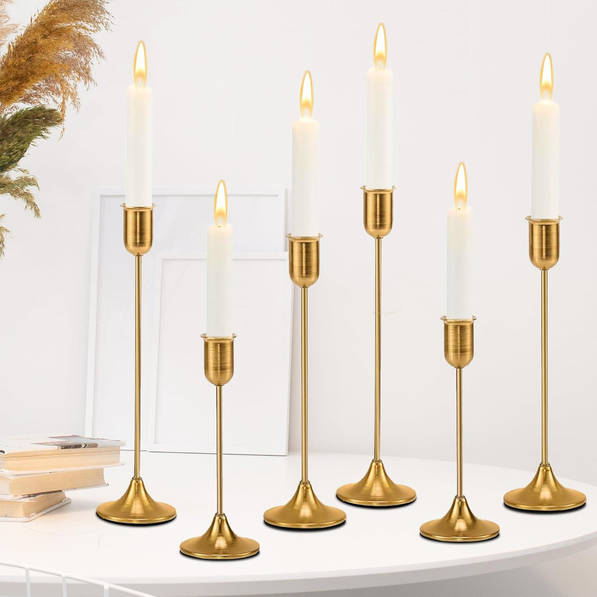 6 Pcs Brass Gold Candle Holders Set, Candelabra Tall Candle Stand, Metal Taper Candlestick Holders