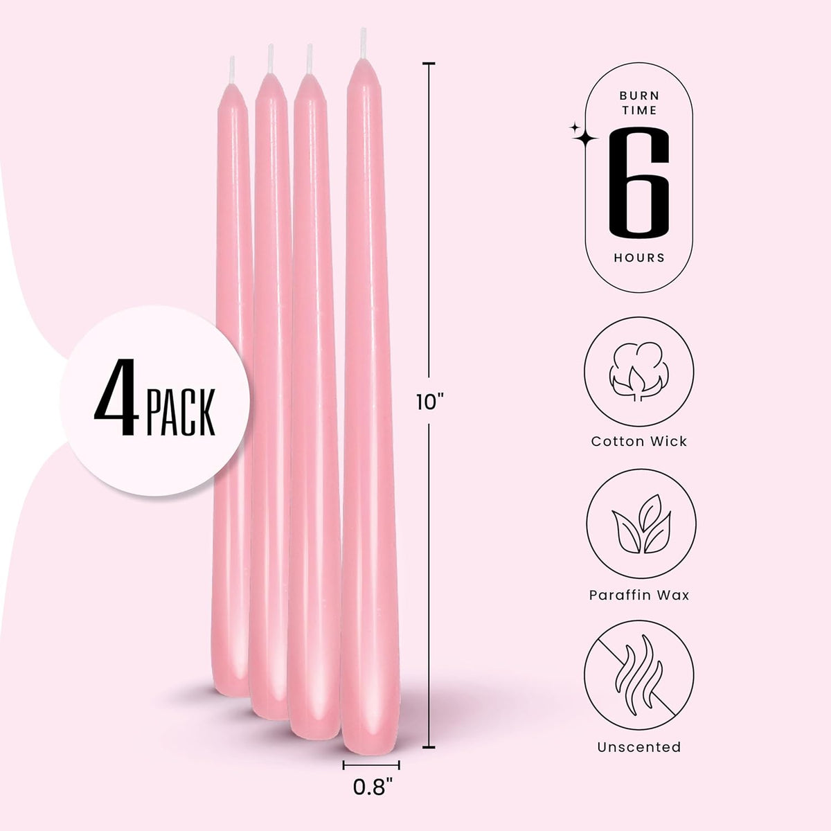 Leor & Lair Light Pink Taper Candles - 4 Pack 10" Pink Candlesticks - Unscented Blush Candles for