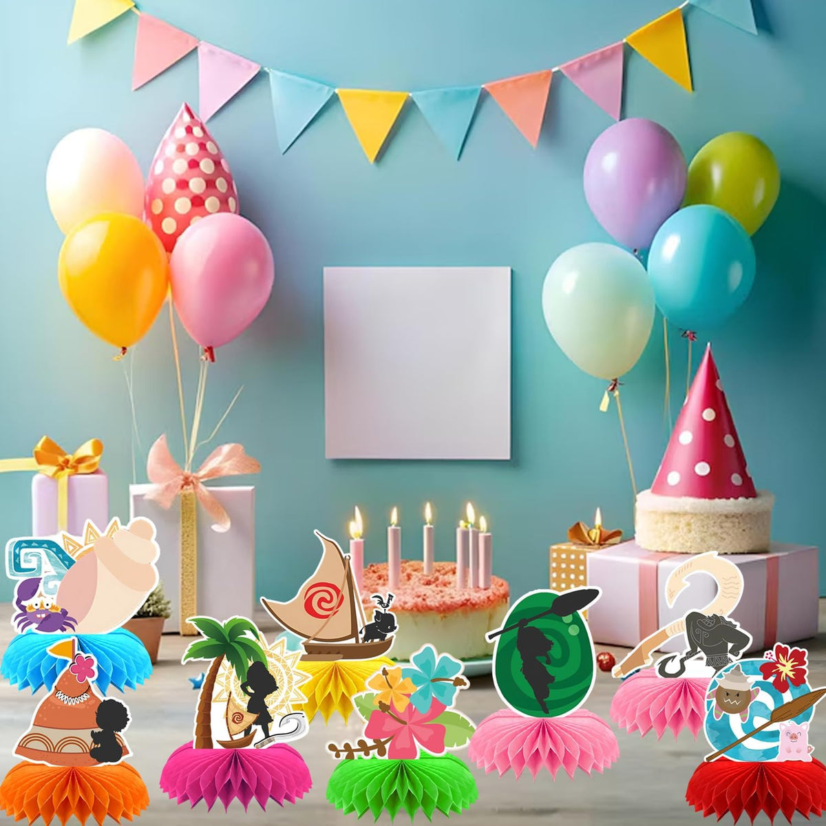 8Pcs Tropical Hawaiian Birthday Party Supplies, Tropical Luau Summer Honeycomb Centerpieces Cartoon