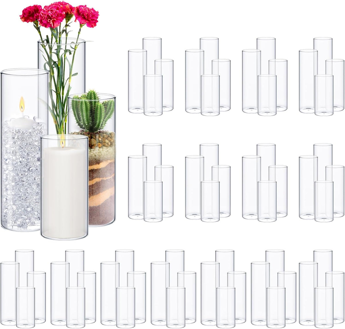 Sawysine 64 Pcs Glass Cylinder Vases 2.5''/2.95''/3.9'' Diameter Clear Flowers Vase Hurricane