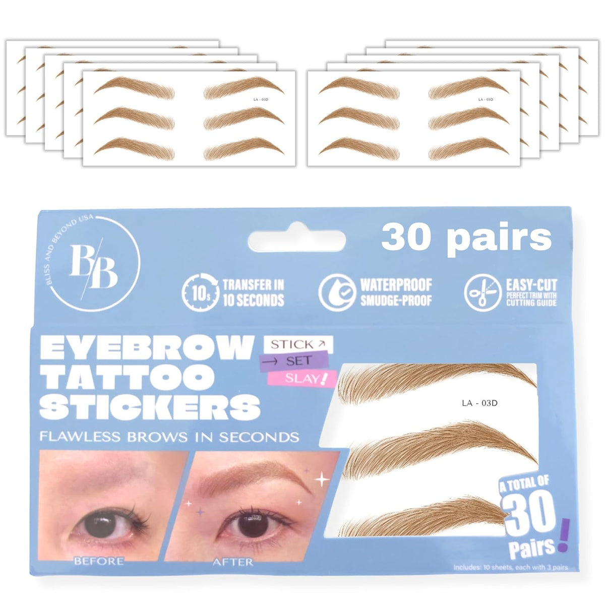 Bliss and Beyond USA Eyebrow Tattoo Stickers Waterproof – 30-Pair Deluxe Box | Realistic Hair-Like