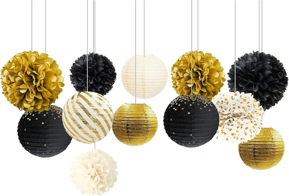 NICROLANDEE Black Gold Party Decorations,12PCS Paper Lantern Tissue Pom Poms Black and Gold Hanging