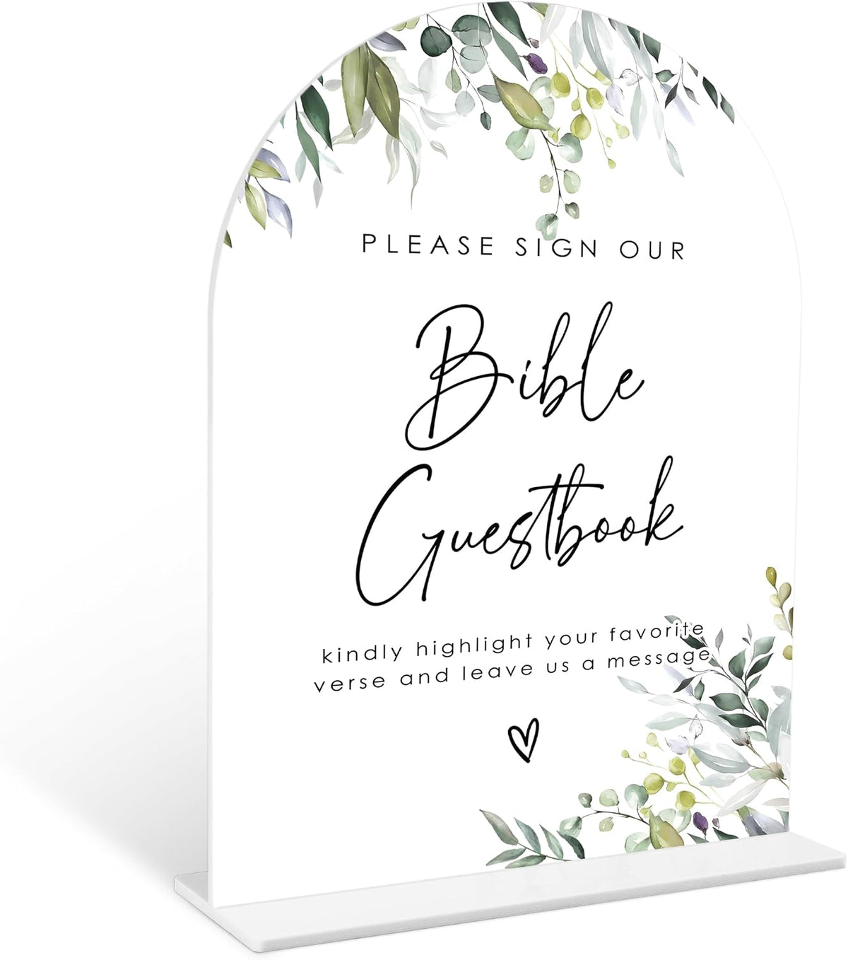 Greenery Bible Guest Book Sign, 6 x 8 Inch White Arch Acrylic Wedding Sign with Holder, Wedding