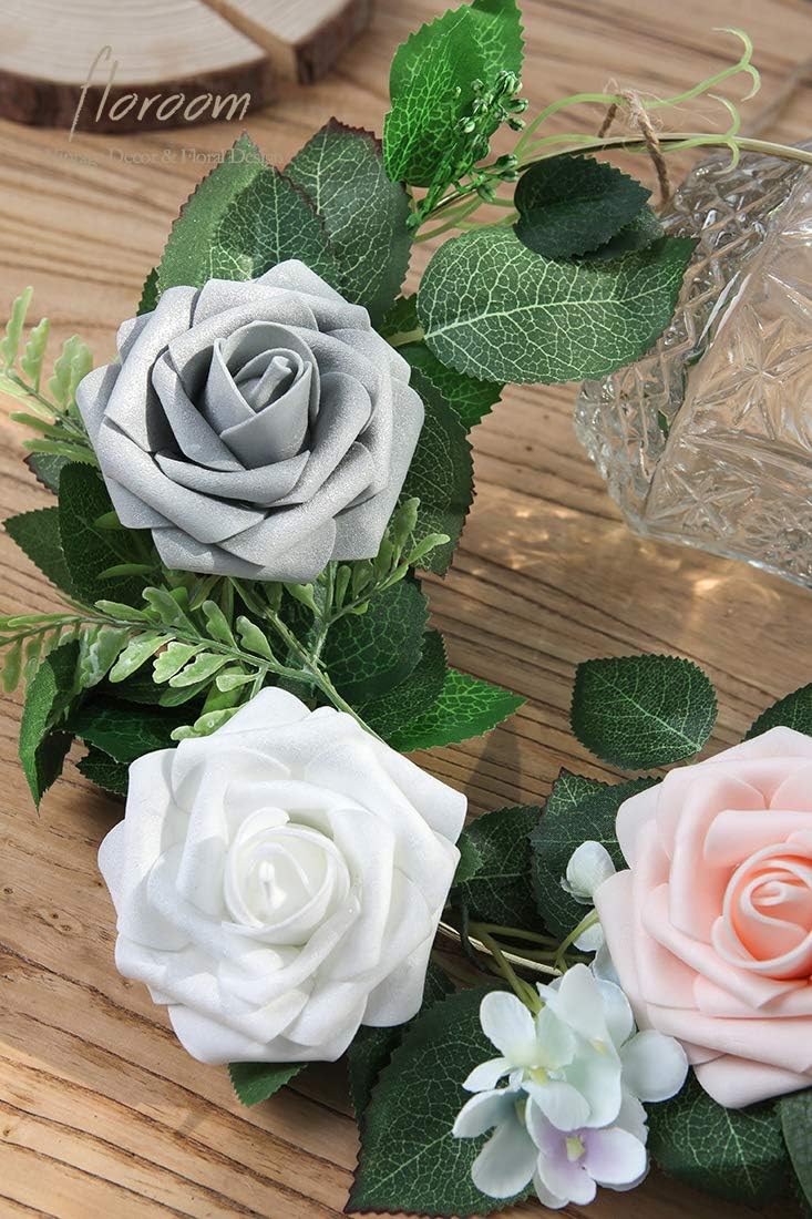 Floroom Artificial Flowers 50pcs Realistic White Foam Fake Roses with Stems for DIY Wedding