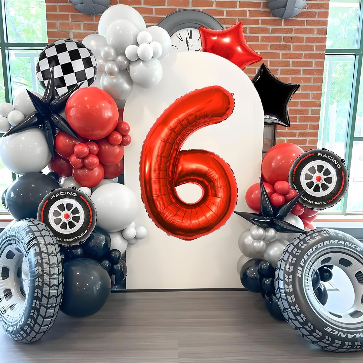 Race Car Birthday Decorations - 40 Inch Mylar Red Number 6 Balloons - Black Foil Checkered Race Car
