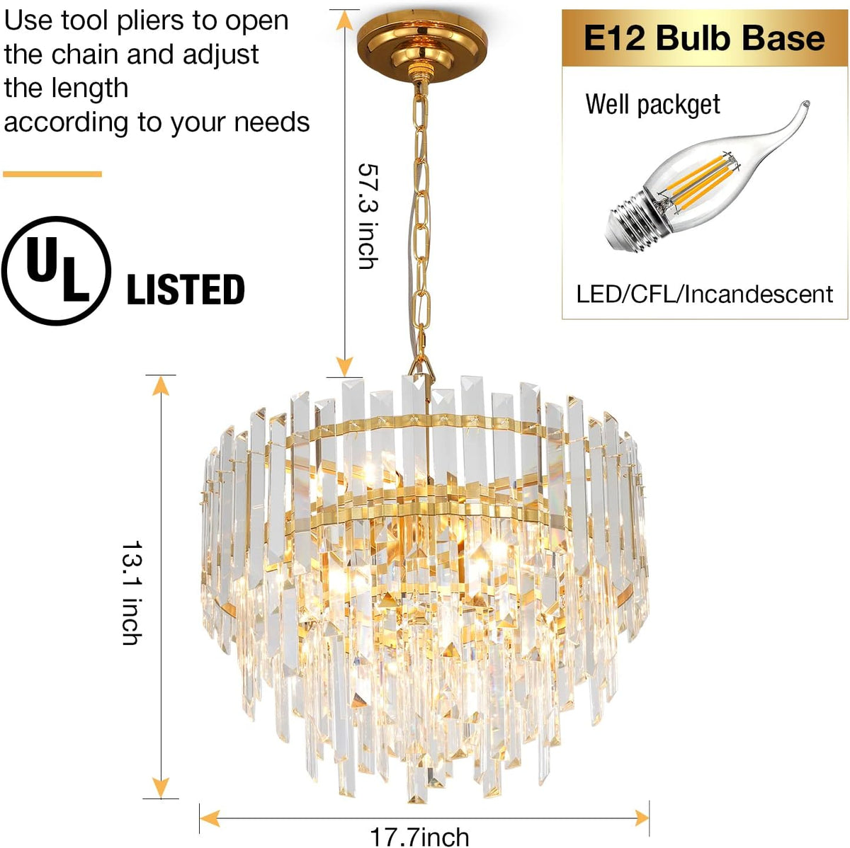 Gold Copper Crystal Chandelier Lighting 17.7'' for Dining Rooms Bedroom Foyer Entryway Ceiling