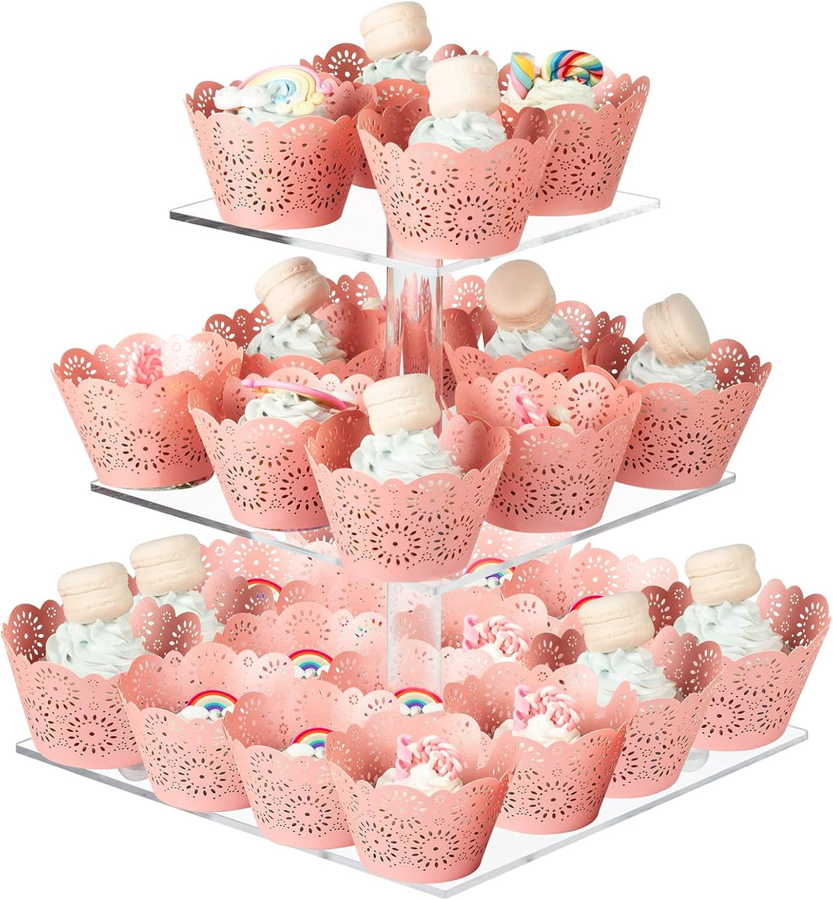 Boxalls Cupcake Stand, 3 Tier Square Acrylic Cupcake Display Stand Holder, Clear Dessert Pastry