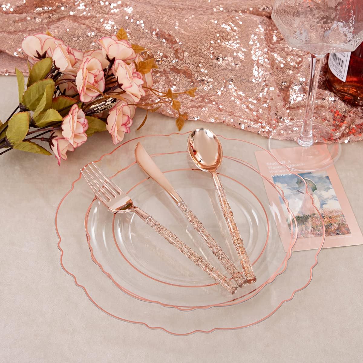 Liacere 150PCS Rose Gold Plastic Plates - Clear Rose Gold Disposable Plates with Glitter Bamboo