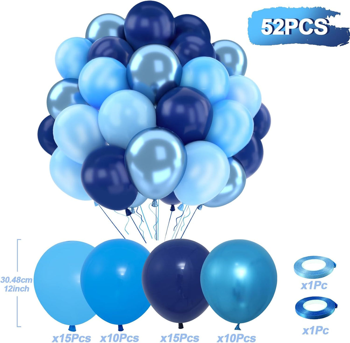 Patimate Blue Balloons Set, 50 pcs 12 inch Metallic Navy Blue, Pastel Light Blue Latex Balloons Kit