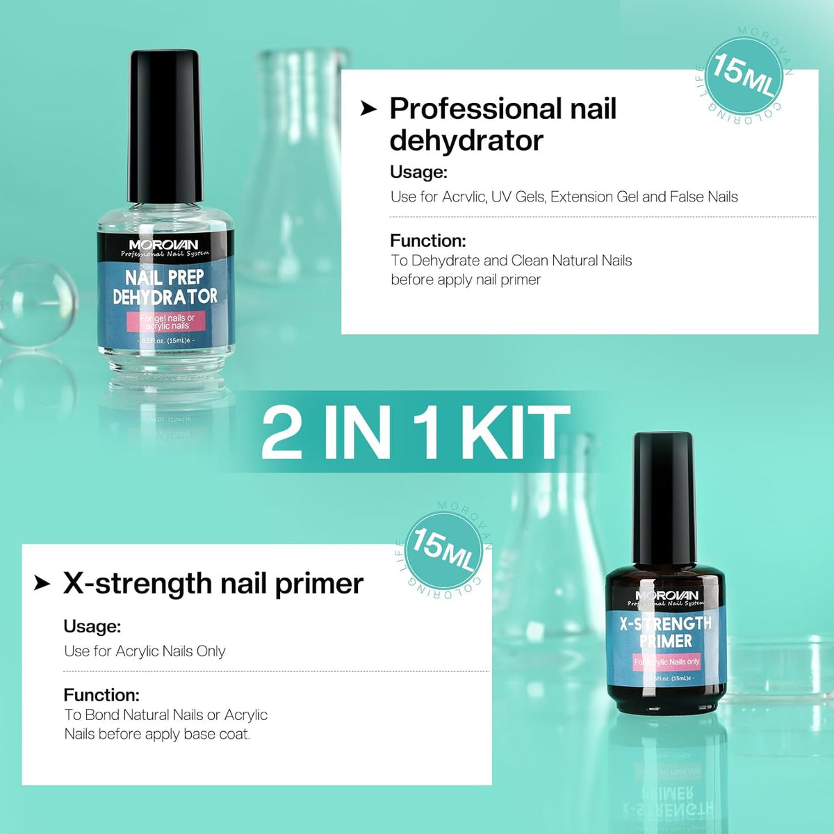 Morovan Nail Prep Dehydrate and Primer X-strength, No Burn Non Acid Nail Primer and Dehydrator for