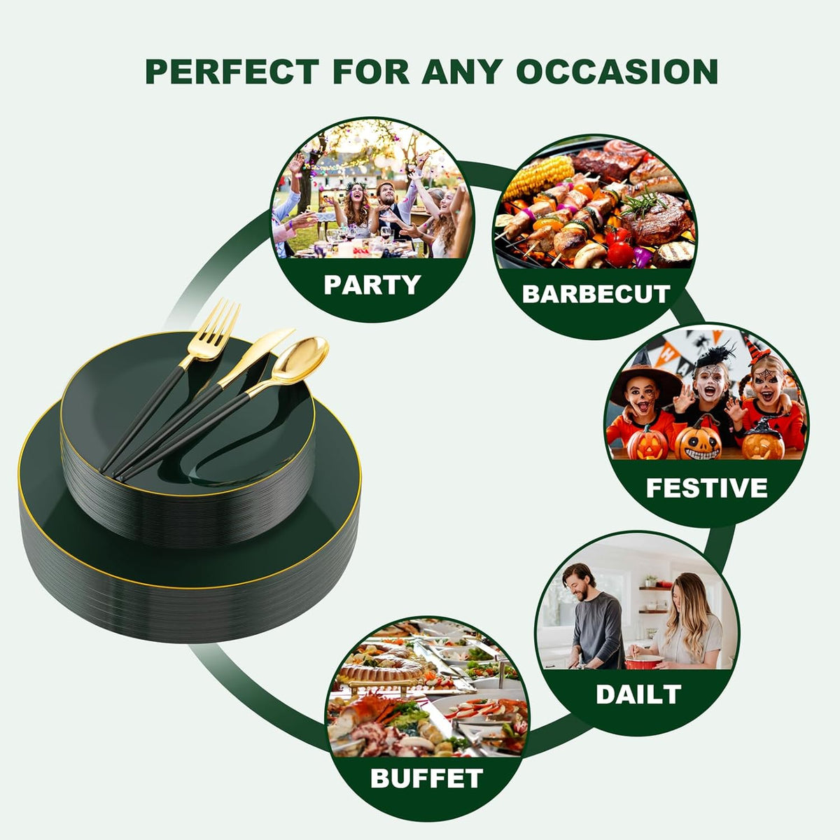 Liacere 150PCS Green Plastic Plates - Gold Plastic Silverware with Green Handle - Heavy Duty Fancy