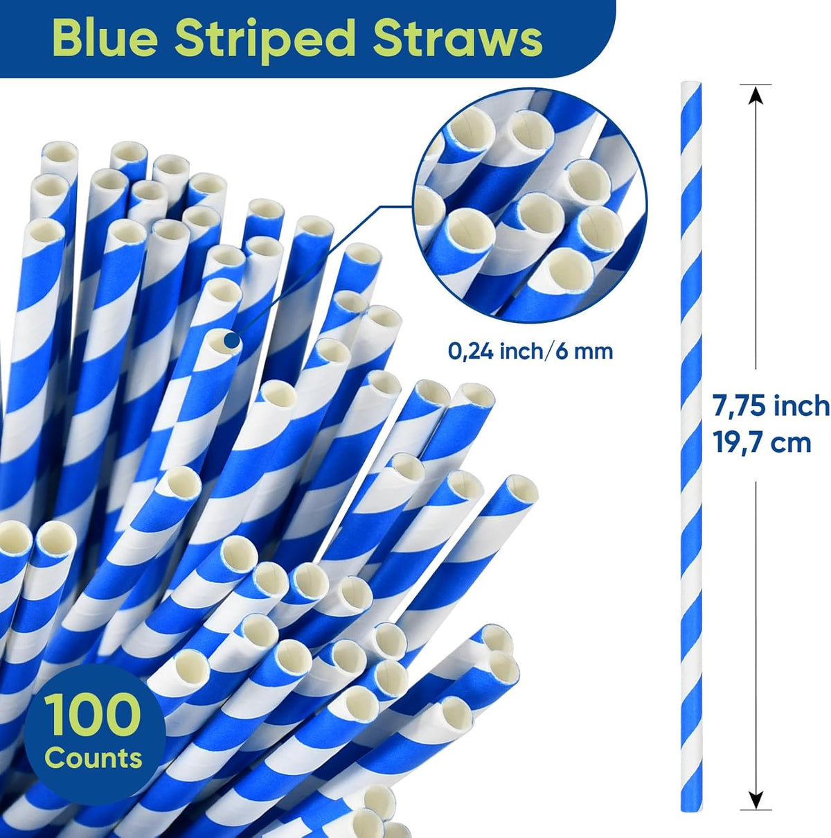 Blue Stripes Disposable Paper Party Straws for Drinking 7.75 inch 100 Counts, Compostable - for