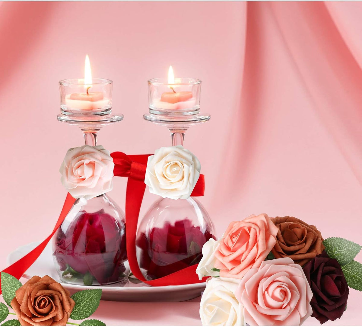 AmyHomie Artificial Flower Shades of Burgundy Rose 25pcs Real Looking Fake Roses w/Stem for DIY