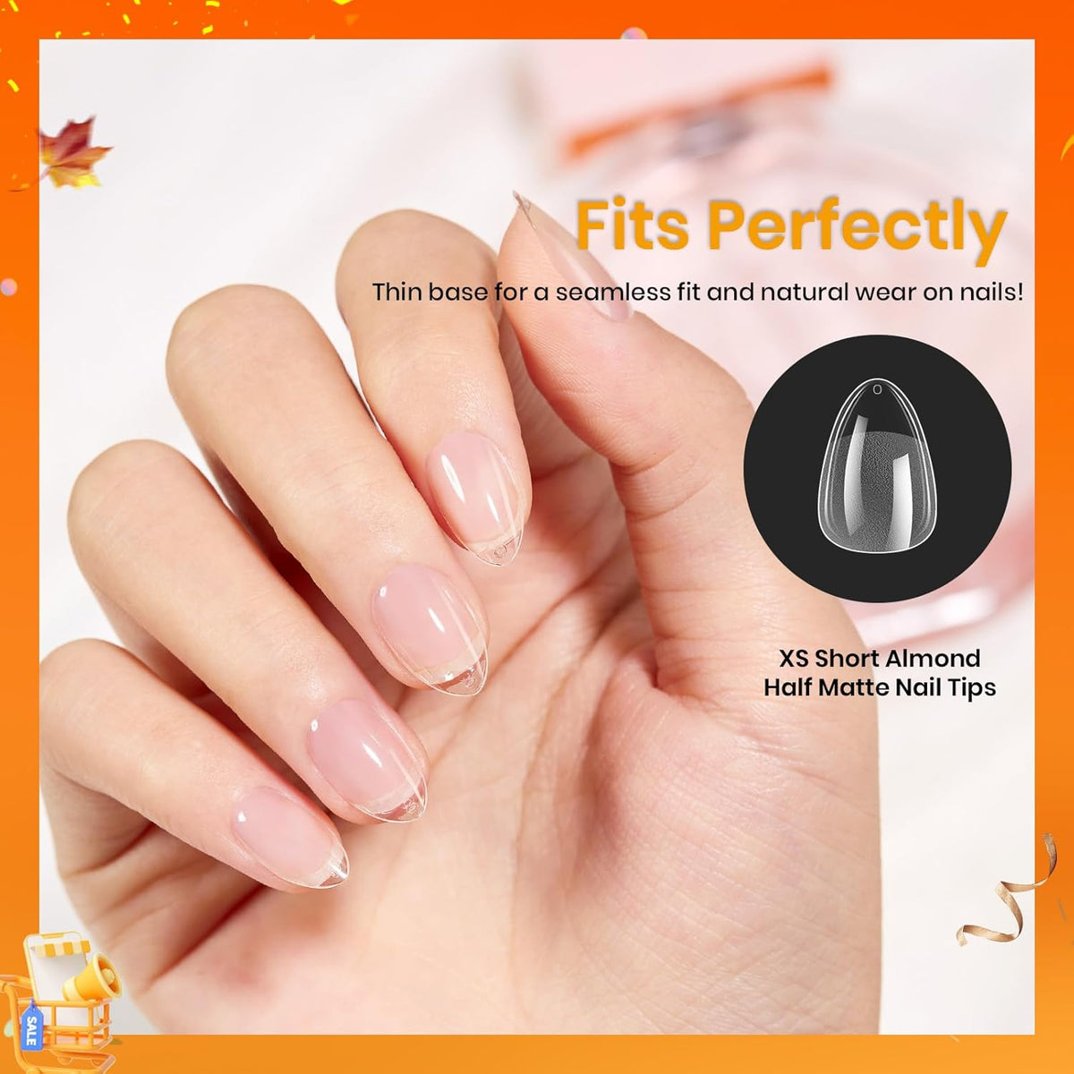 Beetles Extra Short Almond Nail Tips, 12 Sizes 288 PCS Pre-Shaped Clear Full Cover Etch Gel Nail