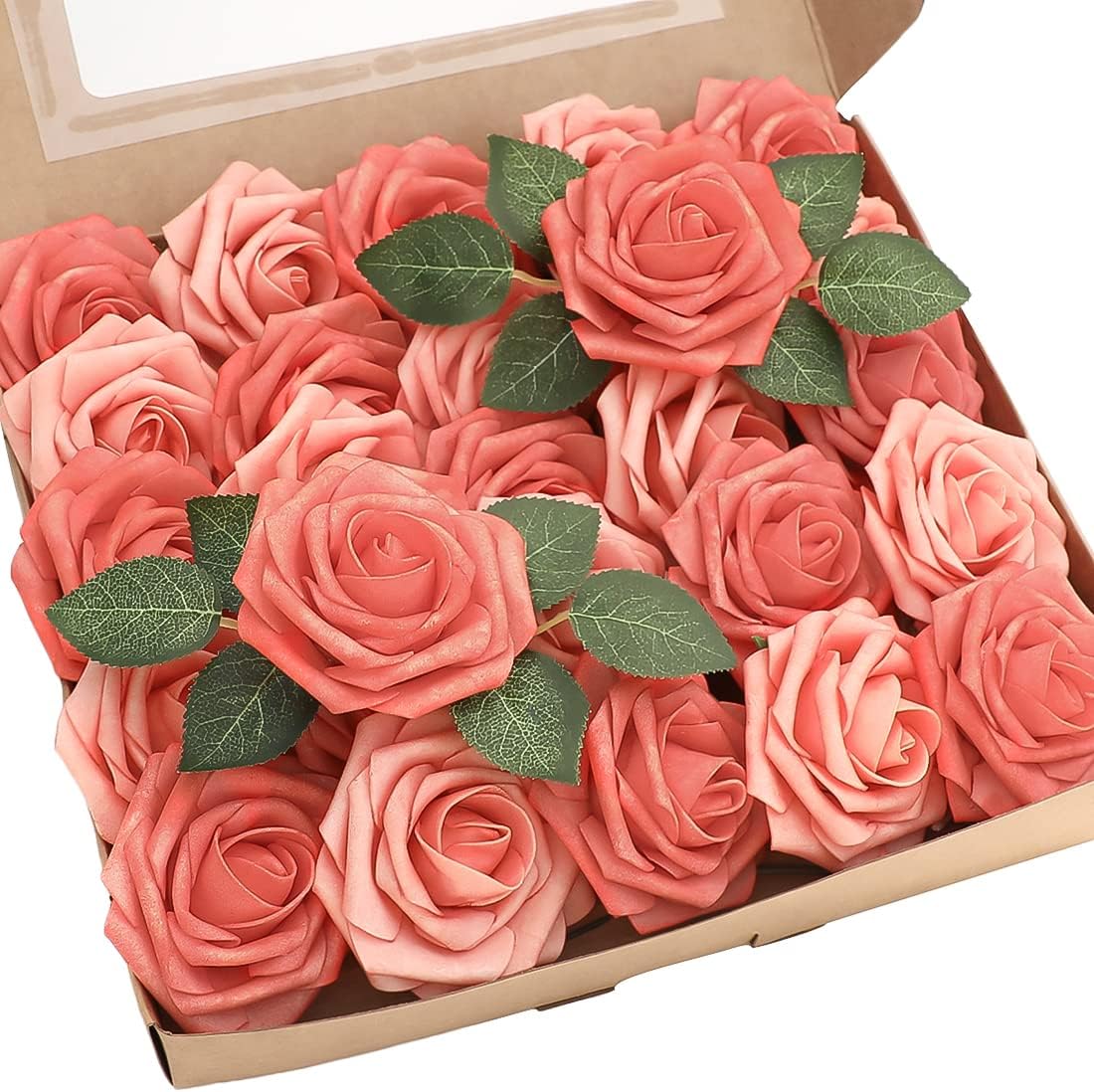 Floroom Artificial Flowers 25pcs Real Looking Mixed Living Coral Foam Fake Roses with Stems for DIY