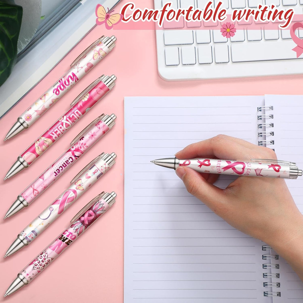 24 Pcs Breast Cancer Awareness Gift Pen Pink Ribbon Black Ink Ballpoint Writing Pen Breast Cancer