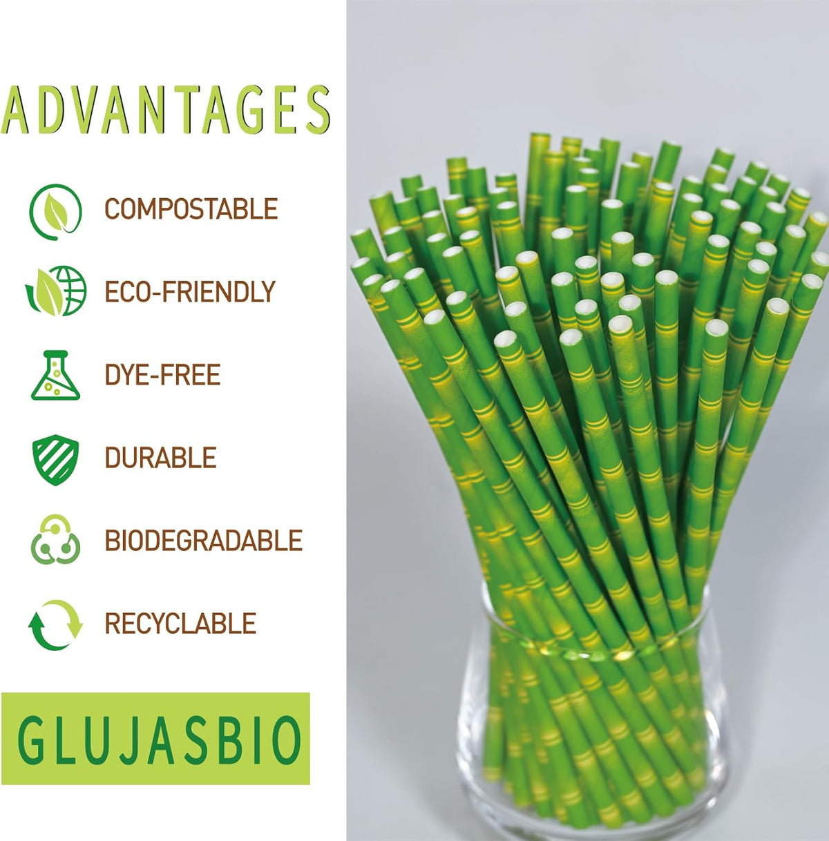 GLUJASBIO 7.75" Green Disposable Paper Straws - Biodegradable Drinking Straws for Party Suppliers