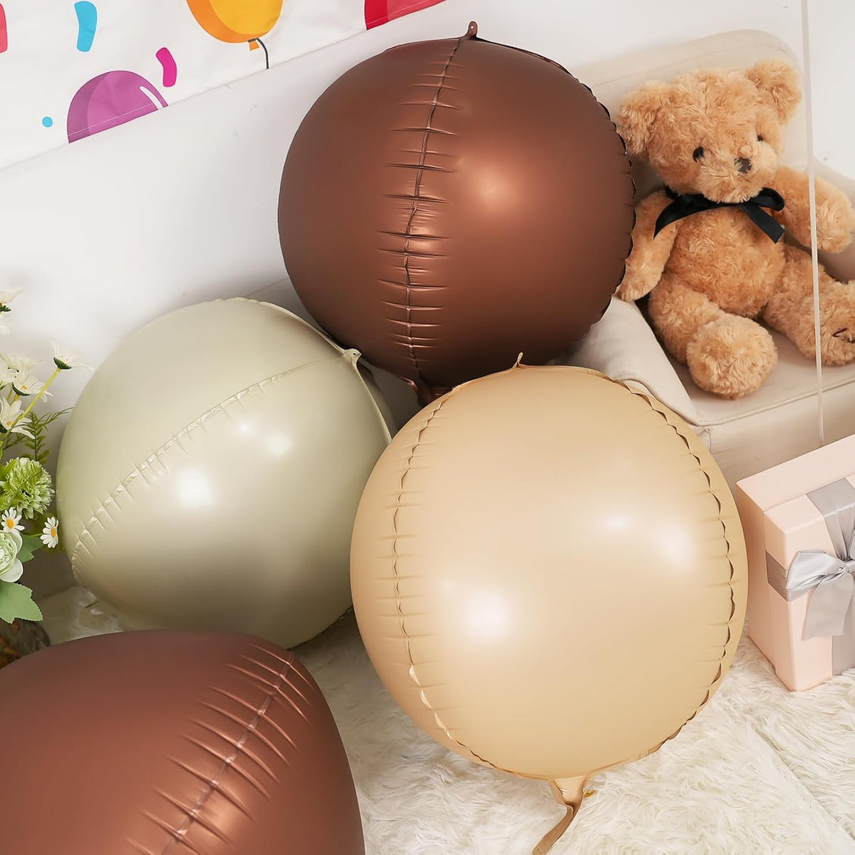 6Pcs Nude Cream Beige Round Foil Balloons, 22inch 4D Apricot Brown Tan Large Ball Balloons, for