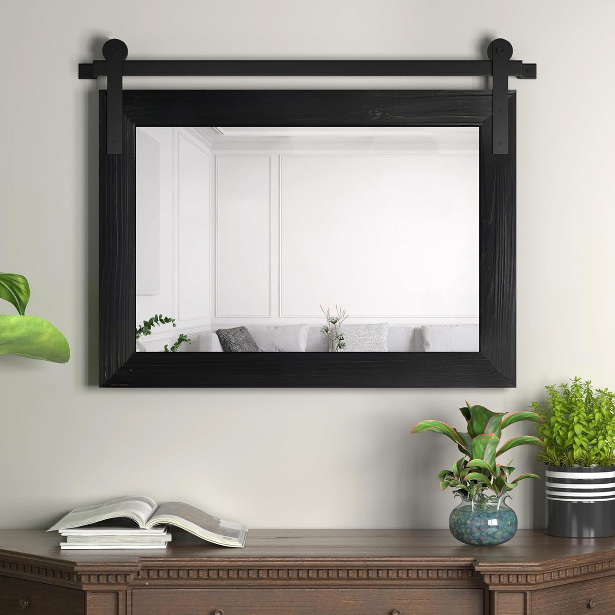 COGOOD Farmhouse Barn Door Mirror - 25" x 18" Rustic Wood Framed Decrative Mirror for Bathroom