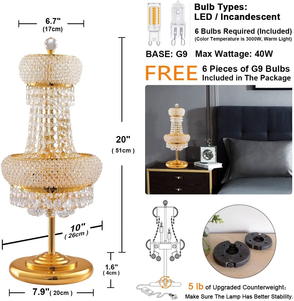 6-Lights Golden Finish Classic Empire Style K9 Crystal Ball Bedside Desk Table Lamp Night Light