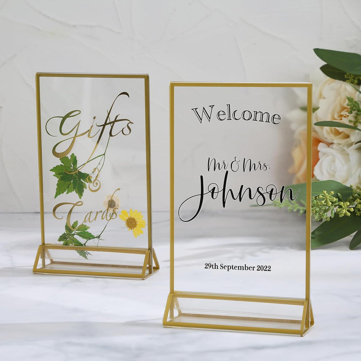 UNIQOOO Acrylic Sign Holders with Golden Border, Portrait View, Pack of 12 | 4x6 Inches Double