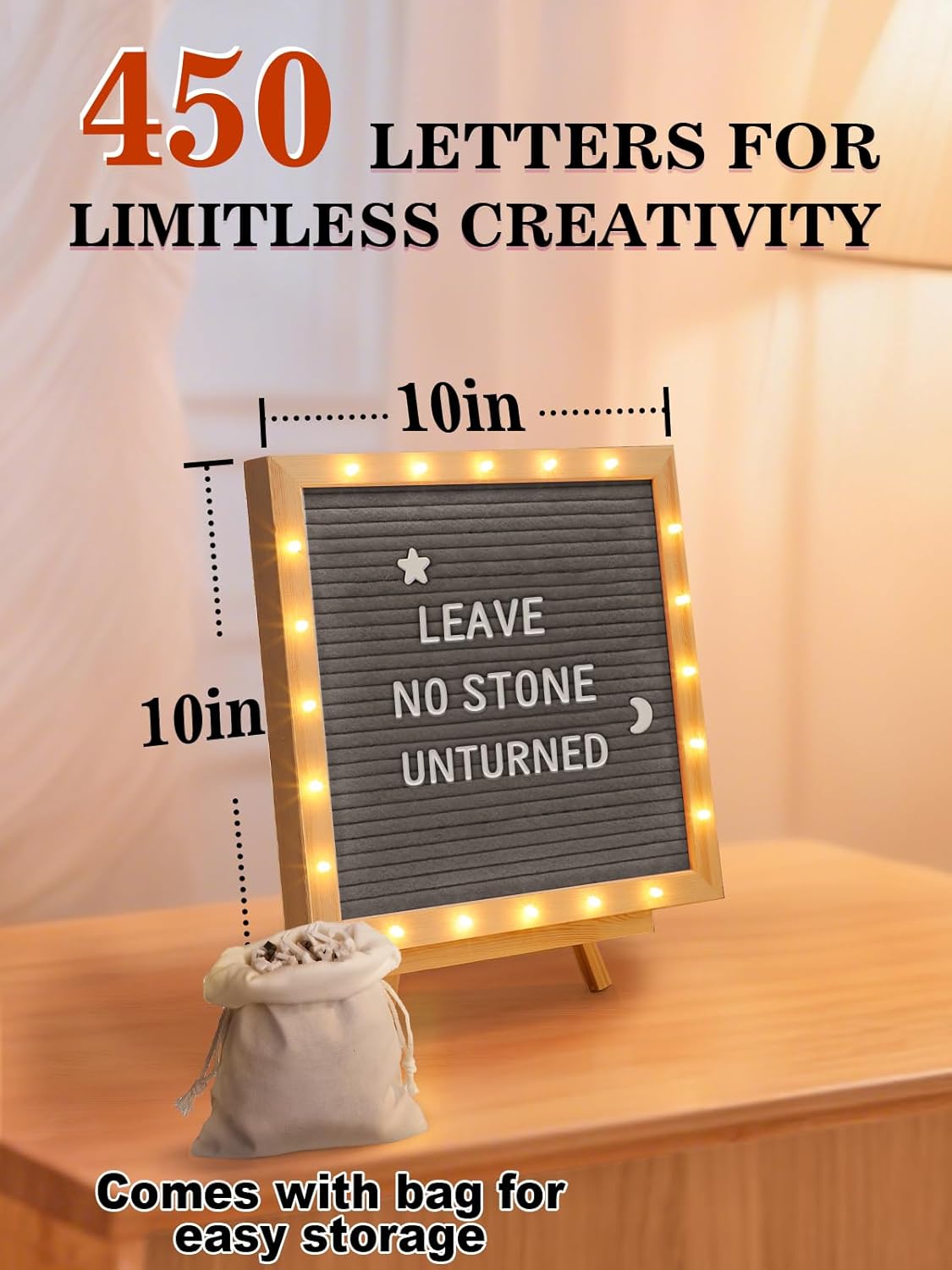 Light up Changeable Felt Letter Board Sign with LED Lights - 10×10" Message Board & Wood Stand &