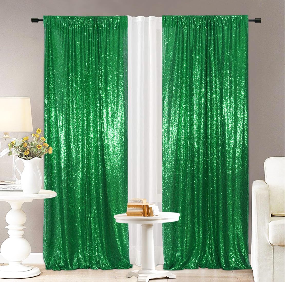 Eternal Beauty Sequin Backdrop Curtains, 2x8 Ft-2 Panels Green Back Drop for Shimmer Photography