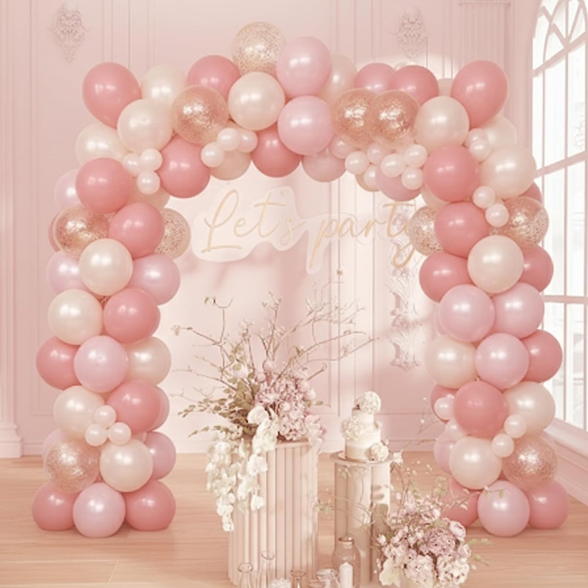 Pink and Gold Balloons, 50Pcs 12 Inch Retro Blush Pink Cream White Double Stuffed-pink Metallic