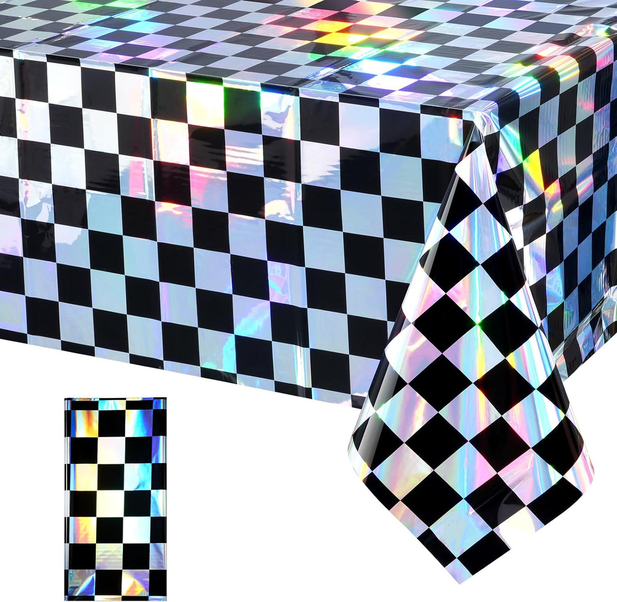 1Pack Black and Iridescent Checkered Plastic Tablecloth, Shiny Disposable Laser Rectangle Table