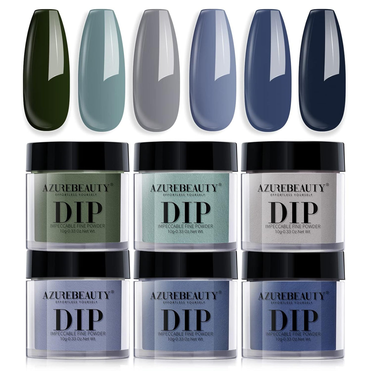 AZUREBEAUTY Dip Powder Nail Set Blue Sage Green Grey Shades, 6 Dark Colors Dipping Powder Starter