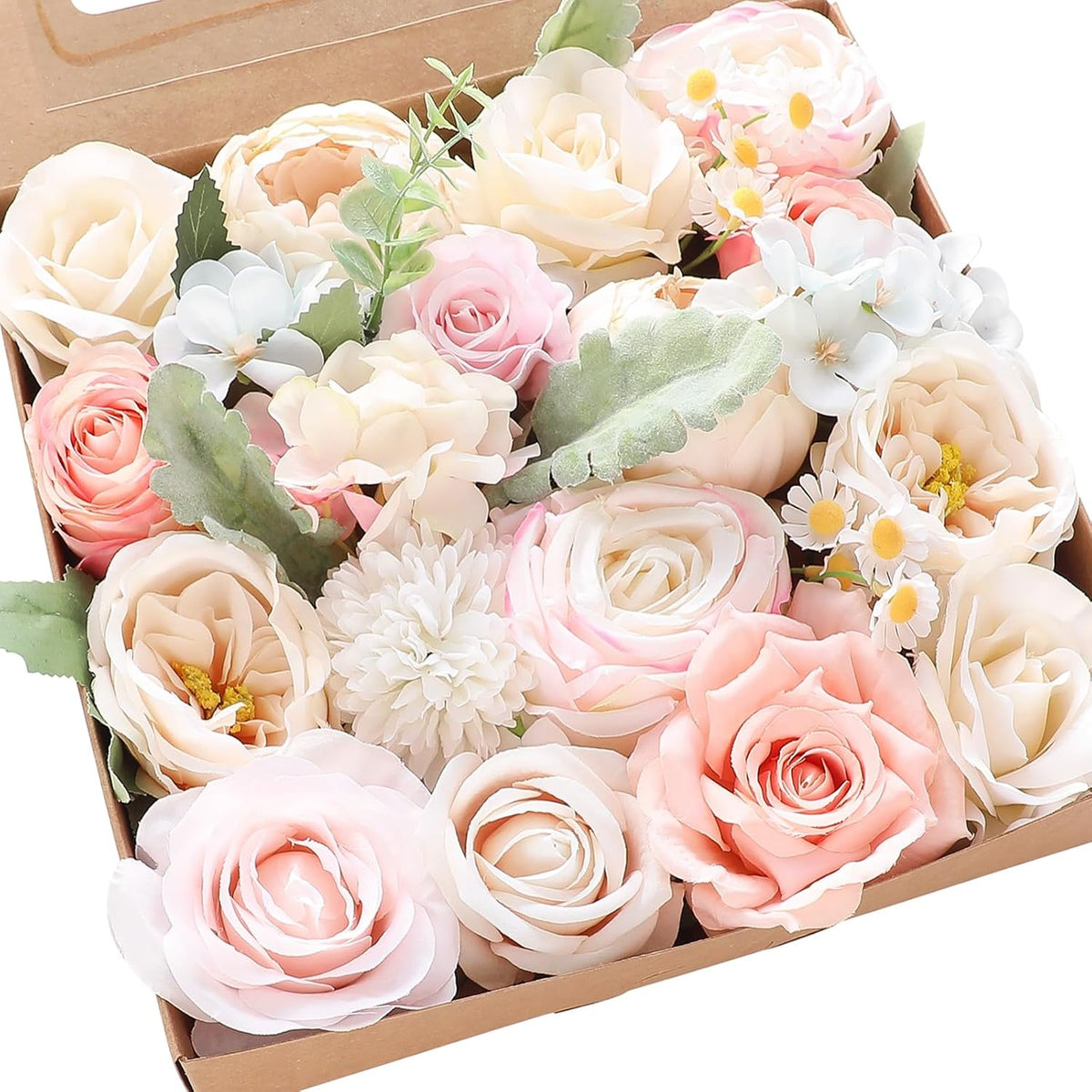 Floroom Blush Cream Artificial Flowers Fake Roses Peonies Dahlia and Greenery Combo Box Set for DIY