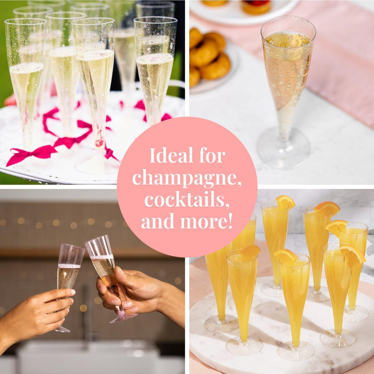 Prestee 200 Disposable Champagne Flutes Gold Glitter Glasses - 4.5 Oz Plastic Champagne Cups for