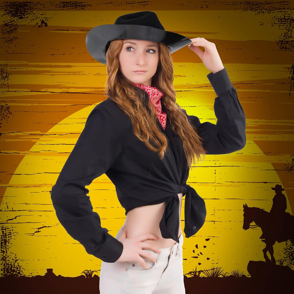Mepase 24 Pieces Disposable Plastic Western Cowboy Hat Set Felt Wide Brimmed Cowgirl Hats for Men