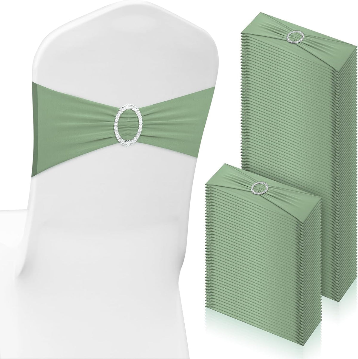 CHENGU 150 Pieces Spandex Stretch Chair Sashes Bows Elastic Chair Cover Bands Ties with Buckle