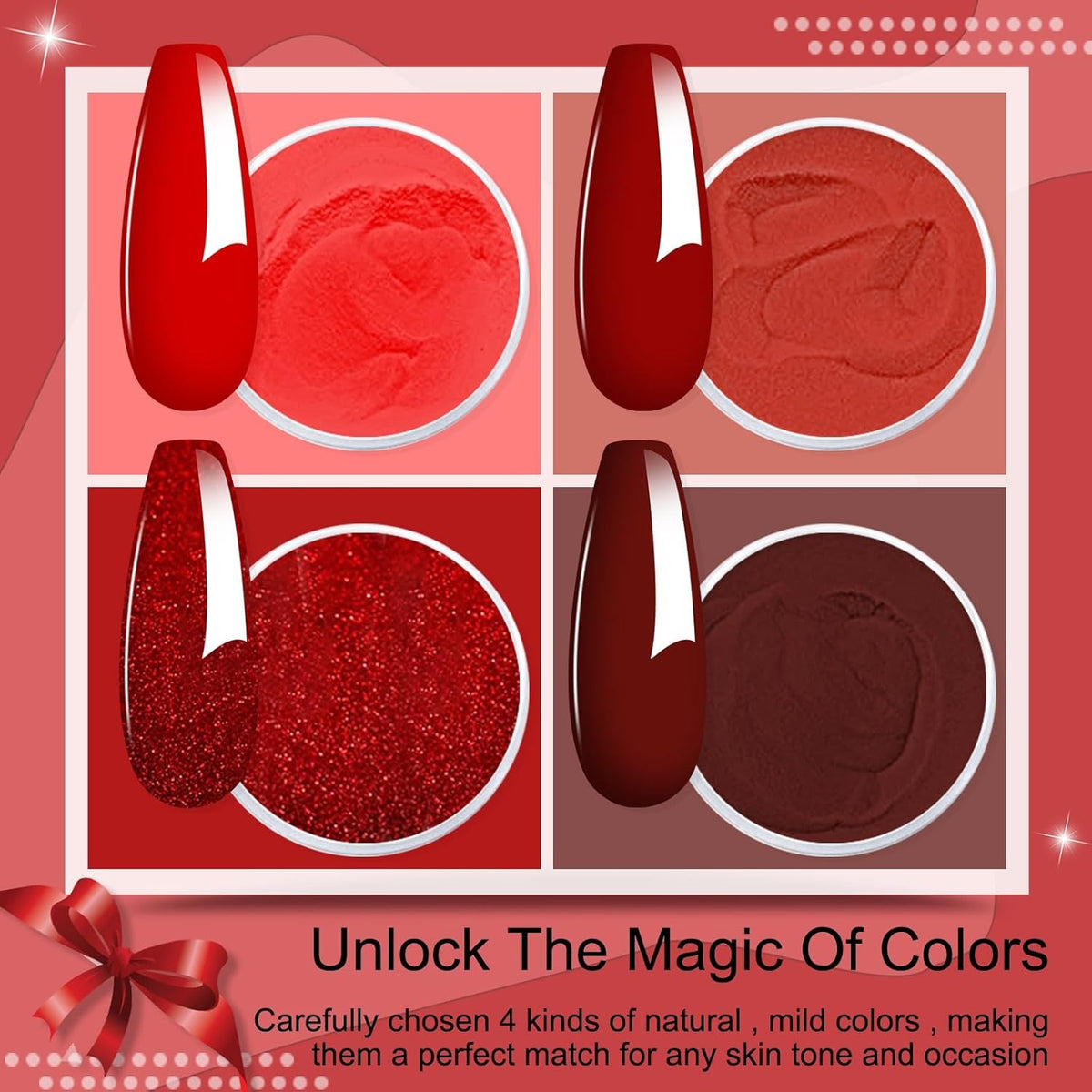 Honey Joy Dip Powder Nail Kit Starter,4 Colors Wine Red Glitter Dark Barn Red Dipping Powder Liquid
