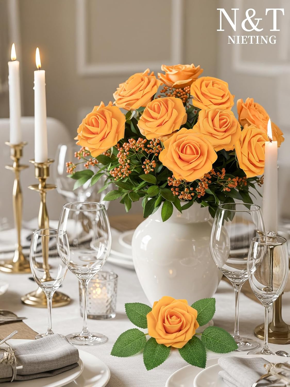 N&T NIETING Artificial Flowers, Fake Flowers Orange Roses Perfect for DIY Wedding Bridal Bouquets