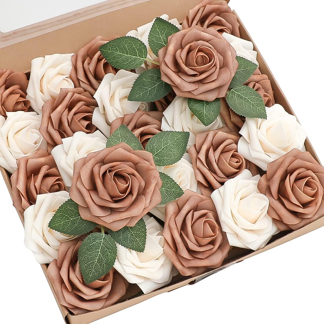 Floroom Artificial Flowers 25pcs Real Looking Gold Sparrow & Cream Foam Fake Roses with Stems for