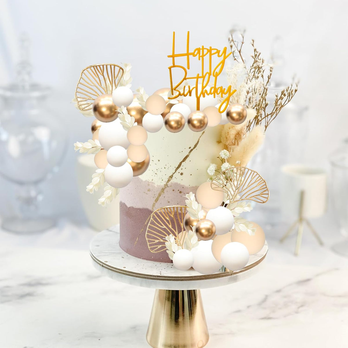 Gyufise 57Pcs Khaki Balls Cake Topper Boho Grass Cake topper Pearl Balls Acrylic Happy Birthday