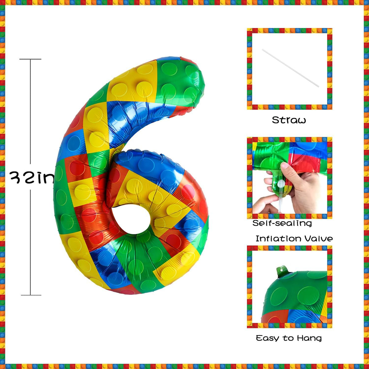 32 Inch Stackable Block Number Balloon – Colorful Brick Building Themed Big Helium Digits for Kids