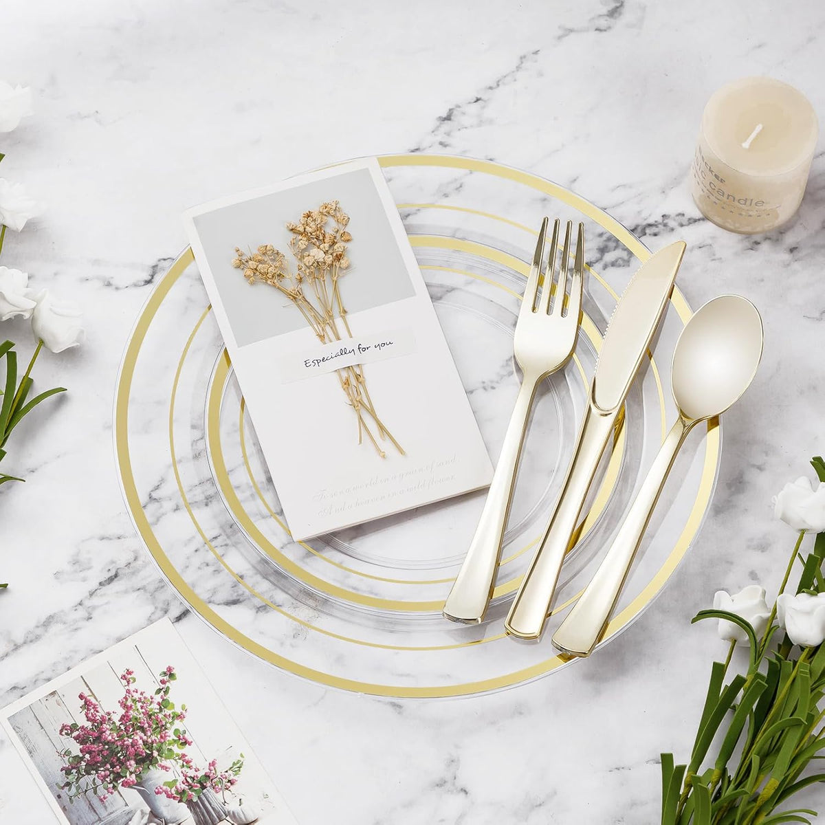 300PCS Clear Gold Plastic Plate Set (50 Guests), Disposable Dinnerware Set for Party, Wedding