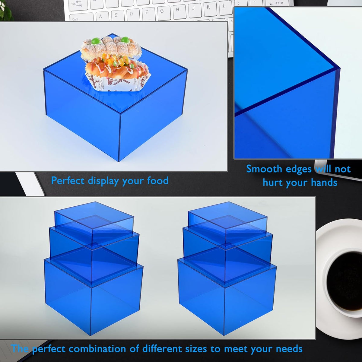 3Pcs Blue Buffet Risers Acrylic Boxes Display Food Risers for Buffet Table Platter Parties Weddings