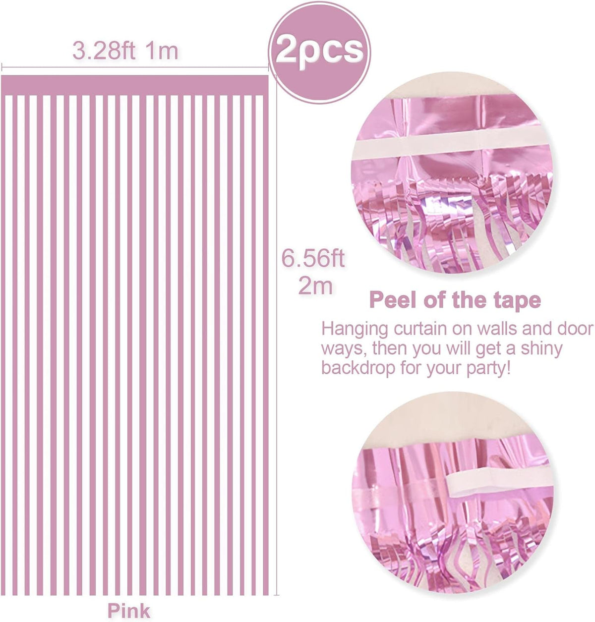 2 Pcs Pink Metallic Tinsel Foil Fringe Curtains Backdrop, 3.28 ft x 6.56 ft Streamers for Birthday