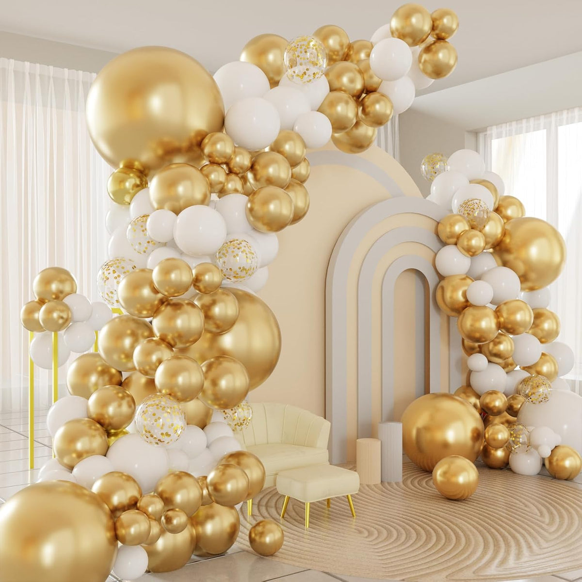White and Gold Balloons Arch Kit, 124pcs White Gold Confetti Metallic Latex Balloons Arch for