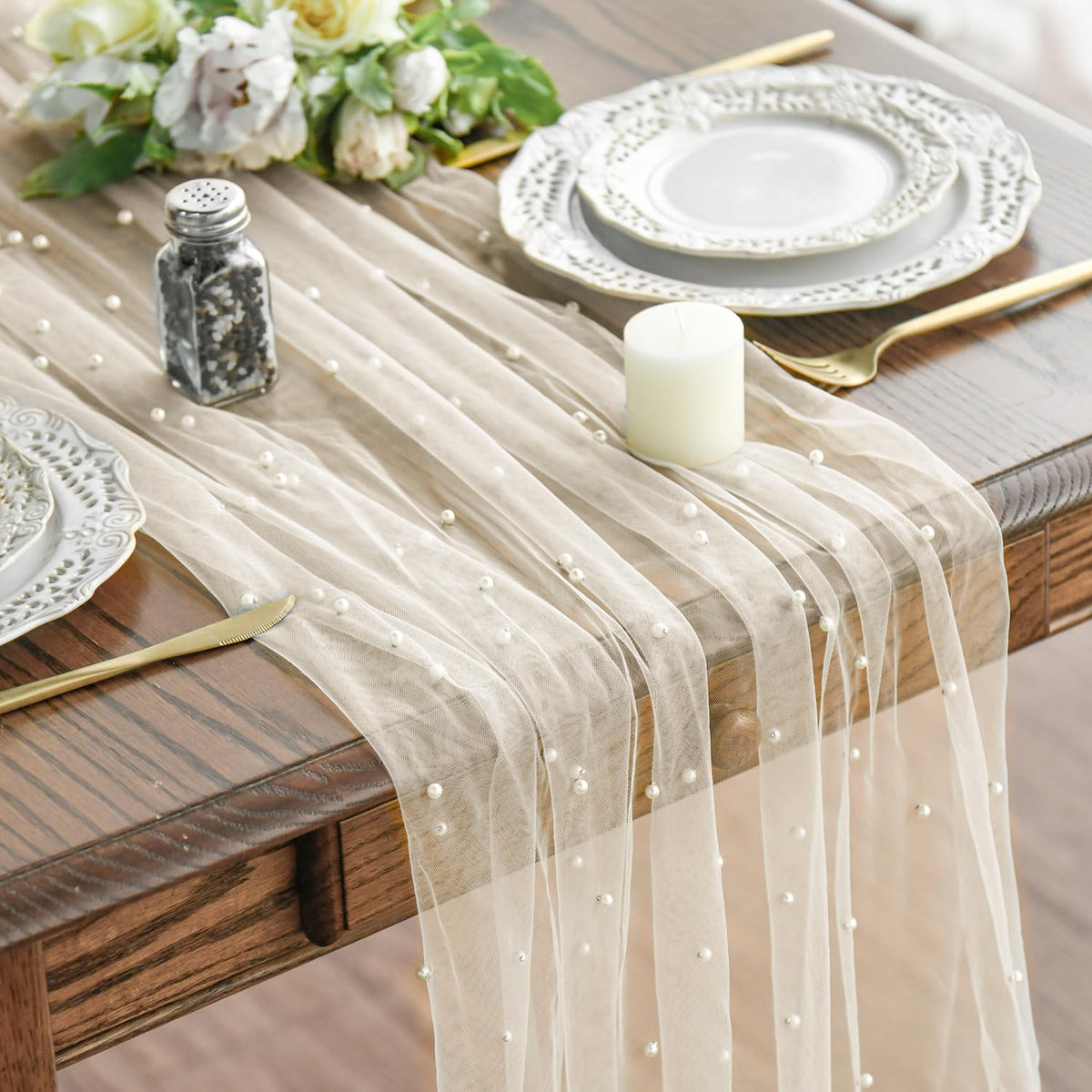 Artoid Mode Pearl Beige Gauze Table Runner 120 Inch 10FT, Seasonal Sheer Dining Holiday Wedding