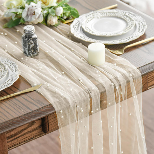 Artoid Mode Pearl Beige Gauze Table Runner 120 Inch 10FT, Seasonal Sheer Dining Holiday Wedding