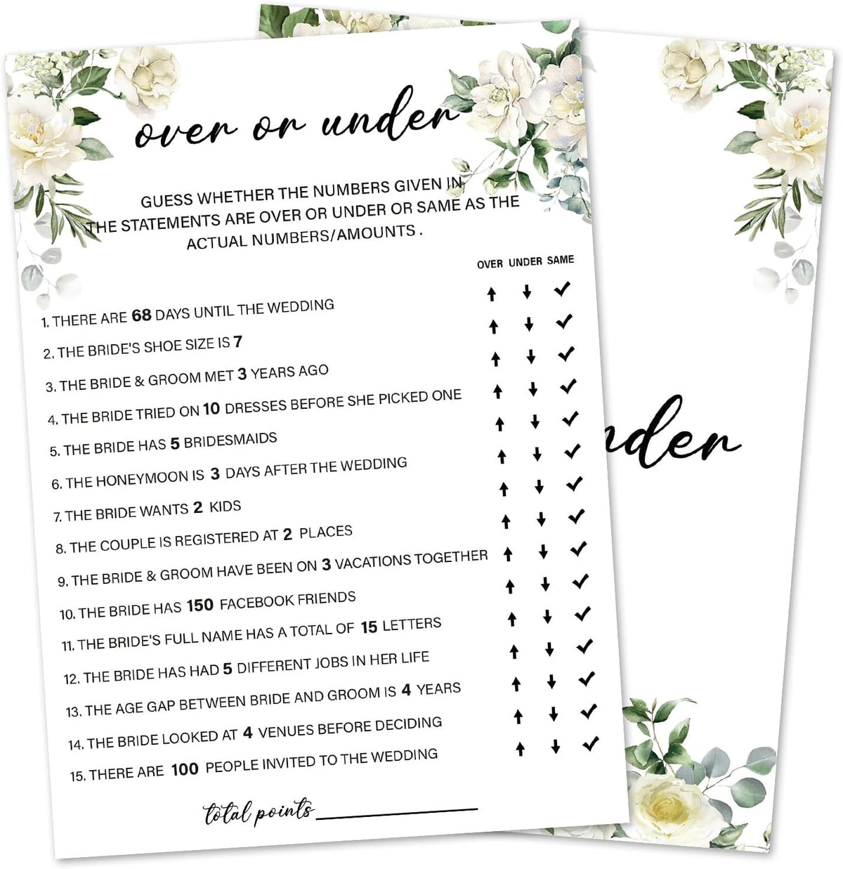 Eucalyptus Bridal Shower Games 30 Guests, Over or Under Bridal Games for Showers, White Rose