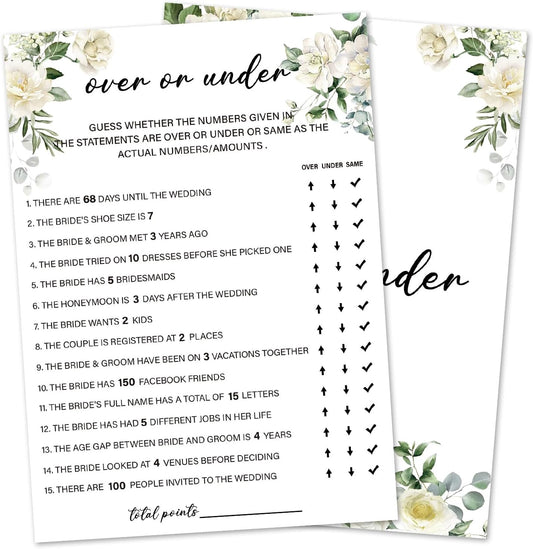 Eucalyptus Bridal Shower Games 30 Guests, Over or Under Bridal Games for Showers, White Rose
