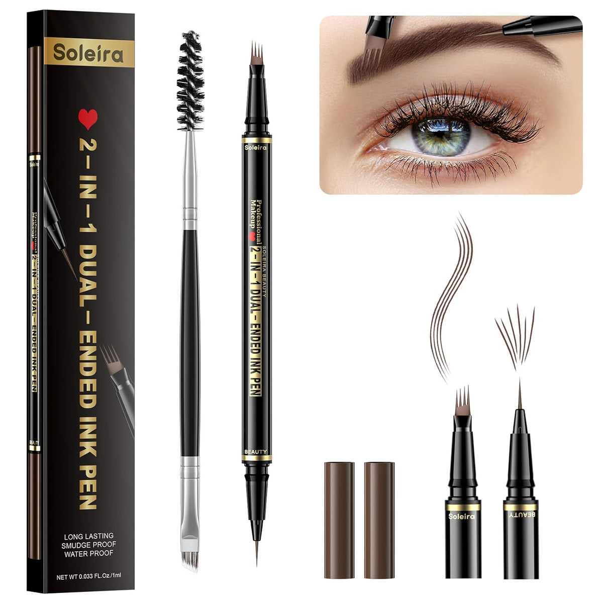 Eyebrow Pen, Soleira Waterproof Eyebrow Pencil with 4 Tip Microblading Eyebrow Pen and Dual-ended