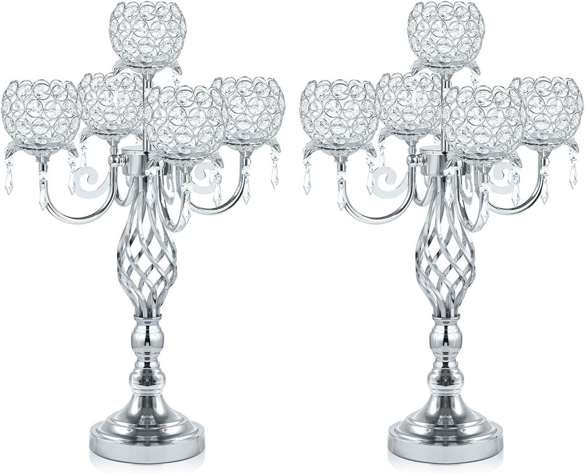 5-Arm Crystal Candelabra Centerpiece 23.2" Tall - Elegant Candle Holder Stand with Crystal Bowl