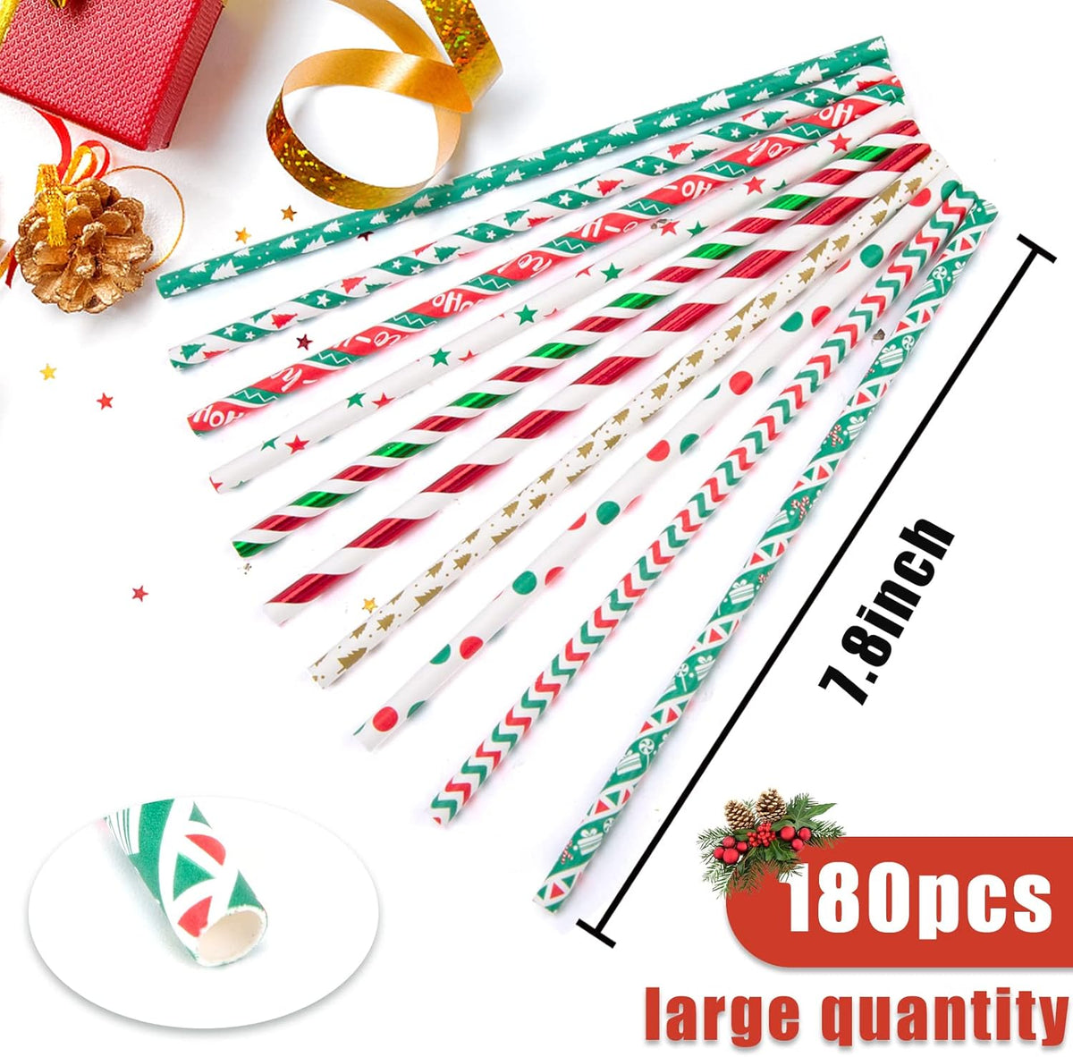 HANSGO Christmas Paper Straws, 180PCS Christmas Drinking Straws Striped Decorative Straws Bulk for